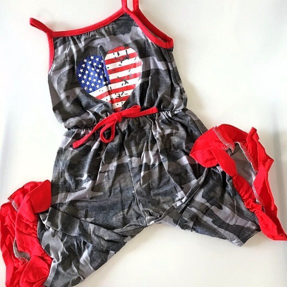 Patriotic Camo Heart Ruffle Capri Jumpsuit Romper